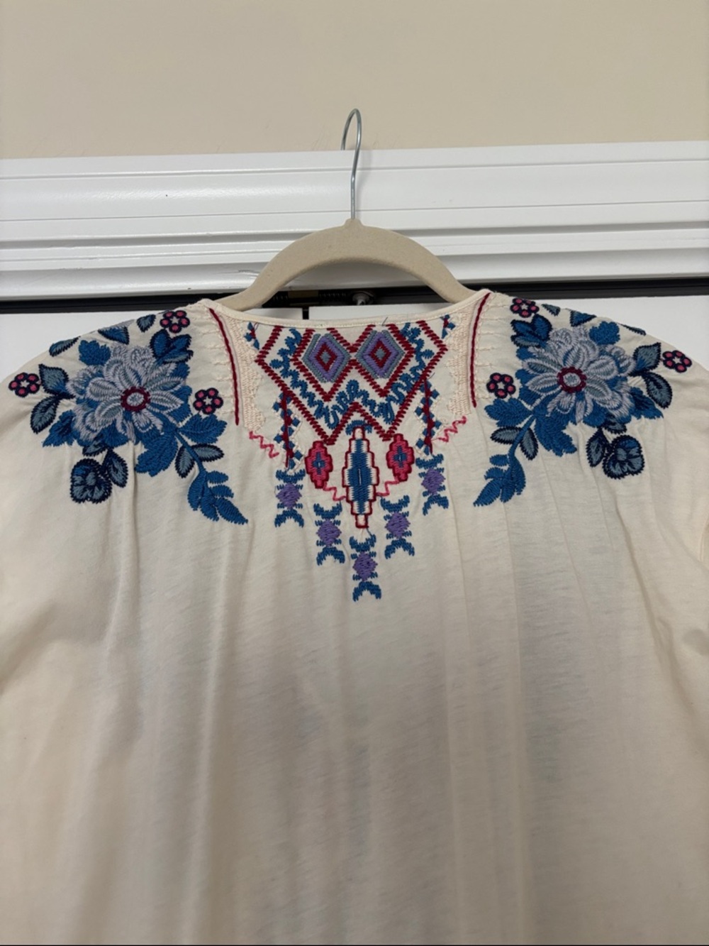 Johnny Was Cream Tunic with Blue Floral & Multicolor Embroidery - Picture 6 of 7
